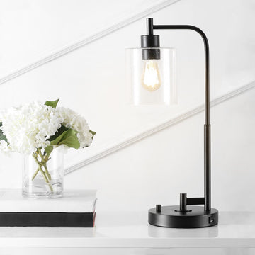 Axel Modern 23" Iron/Seeded Glass Farmhouse Industrial USB Charging LED Task Lamp - JONATHAN Y